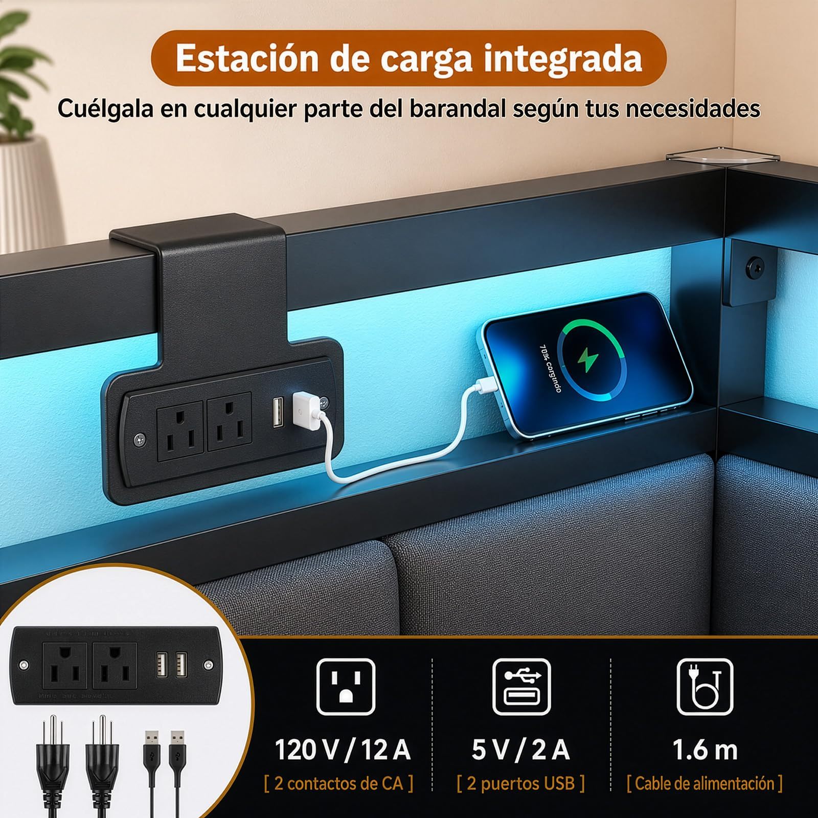 FURRIFIC Corner Single Bed with Drawers, Single Bed Base with RGB LED Light and Charging Station, Upholstered Daybed with Railing, 2 Drawers with Wheels, Metal Frame, Dark Gray