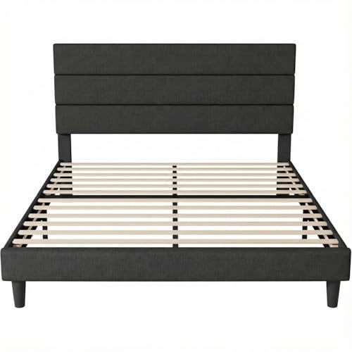 FURRIFIC Double Bed Base with Upholstered Headboard, High Density Metallic and Natural Structure, Firm Support without Box Spring, Modern Bed with Resistant Slats, Charcoal Gray