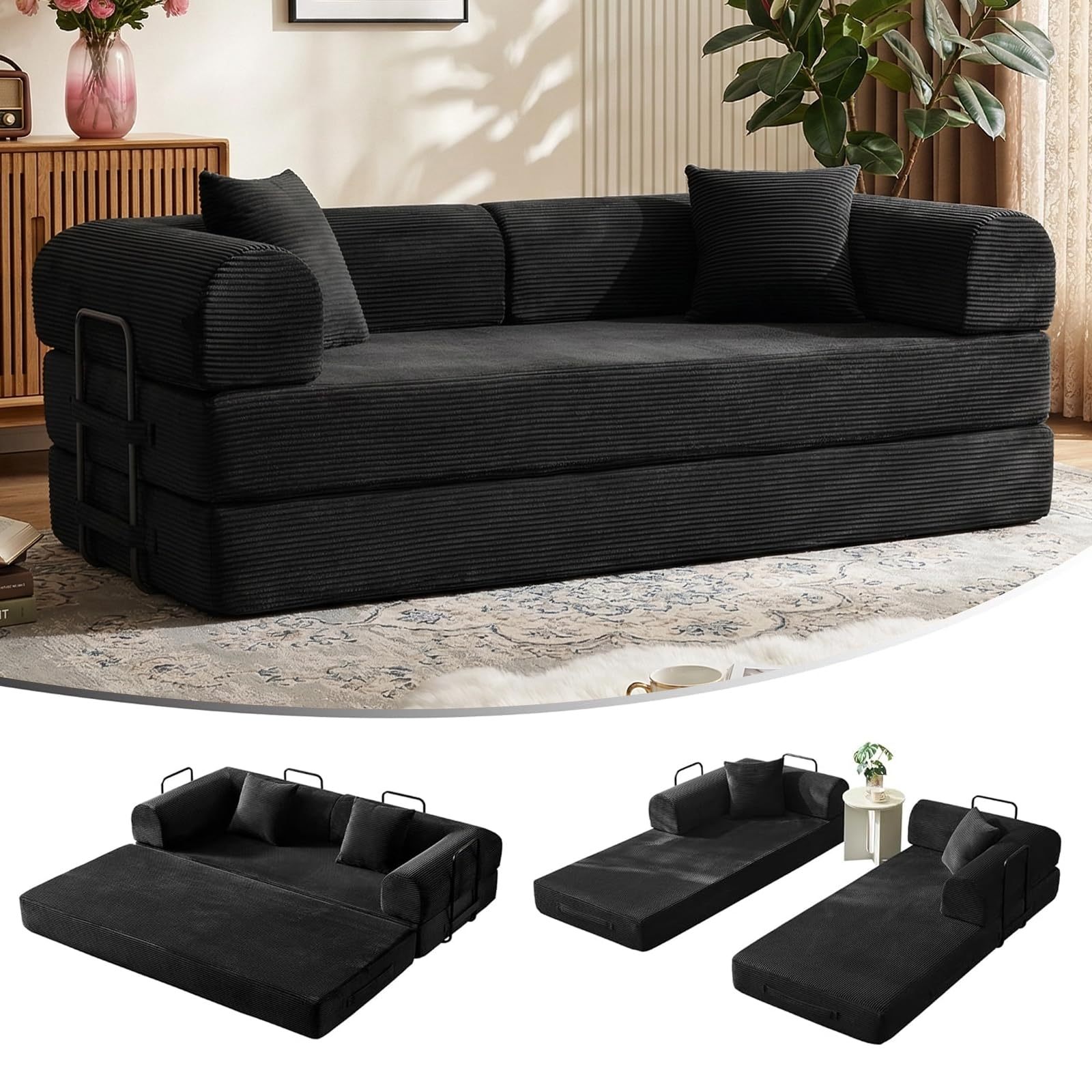 FURRIFIC 5-in-1 Convertible Sofa Bed, Corduroy Modular Sofa with Fixed Shape Frame and Removable Armrests, Foldable Sofa for Small Spaces, No Assembly Required (Black, 200 CM)
