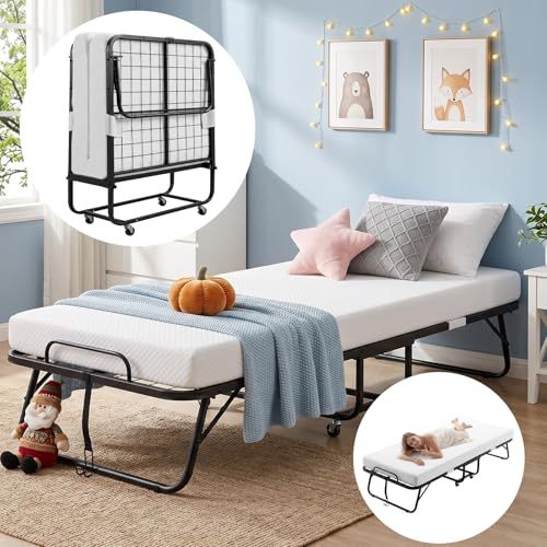 Single Folding Bed with Memory Foam Mattress, Sturdy Steel Frame, Portable Bed for Adults and Children, 360° Swivel Wheels, Saves Space, Ideal for Guest Room