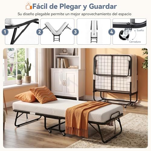 Single Folding Bed with Memory Foam Mattress, Sturdy Steel Frame, Portable Bed for Adults and Children, 360° Swivel Wheels, Saves Space, Ideal for Guest Room