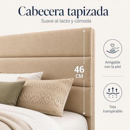FURRIFIC Double Bed Base with Upholstered Headboard, High Density Metal and Natural Structure, Firm Support without Box Spring, Modern Bed with Resistant Slats, Beige