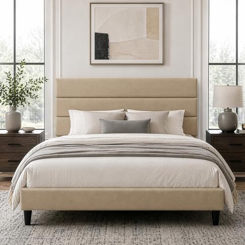 FURRIFIC King Size Bed Base with Dark Gray Upholstered Headboard, Platform King Size Bed Base with Reinforced Support, No Box Spring Required, Anti-Noise, Easy Assembly, Beige
