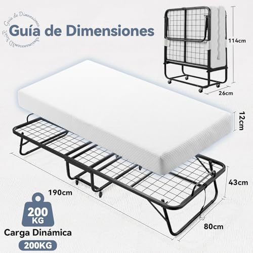 Single Folding Bed with Memory Foam Mattress, Sturdy Steel Frame, Portable Bed for Adults and Children, 360° Swivel Wheels, Saves Space, Ideal for Guest Room
