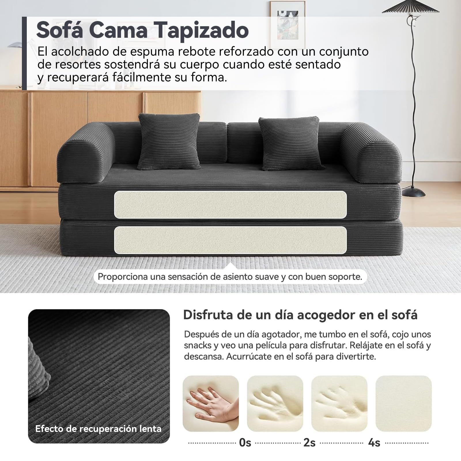 FURRIFIC 5-in-1 Convertible Sofa Bed, Corduroy Modular Sofa with Fixed Shape Frame and Removable Armrests, Foldable Sofa for Small Spaces, No Assembly Required (Black, 200 CM)