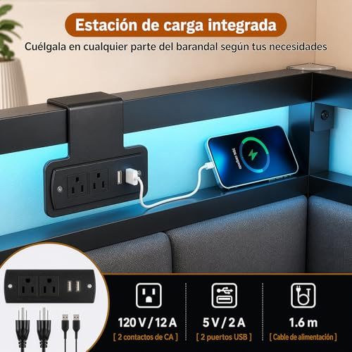 FURRIFIC Corner Single Bed with Drawers, Single Bed Base with RGB LED Light and Charging Station, Upholstered Daybed with Railing, 2 Drawers with Wheels, Metal Frame, Dark Gray