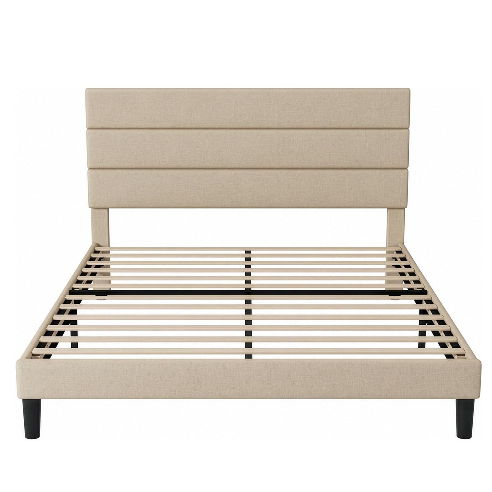 FURRIFIC Double Bed Base with Upholstered Headboard, High Density Metal and Natural Structure, Firm Support without Box Spring, Modern Bed with Resistant Slats, Beige