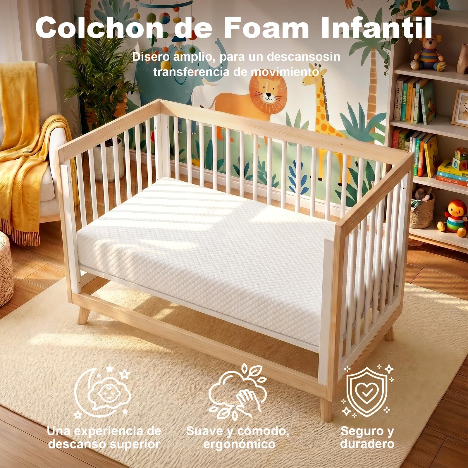 Baby Crib Mattress, 15cm High Density Sponge Foam Boxed Mattress, Medium Firmness, Waterproof and Breathable, Machine Washable Cover, 120 * 60CM