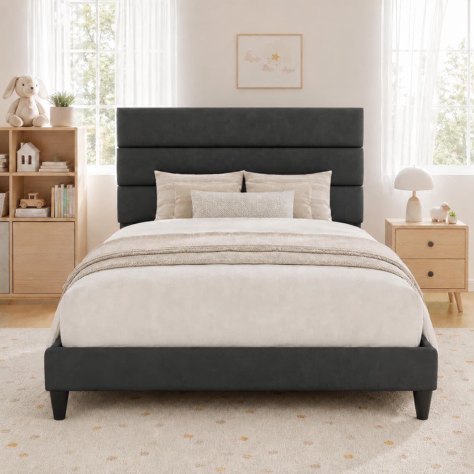 FURRIFIC Double Bed Base with Upholstered Headboard, High Density Metal and Natural Structure, Firm Support without Box Spring, Modern Bed with Resistant Slats, Beige