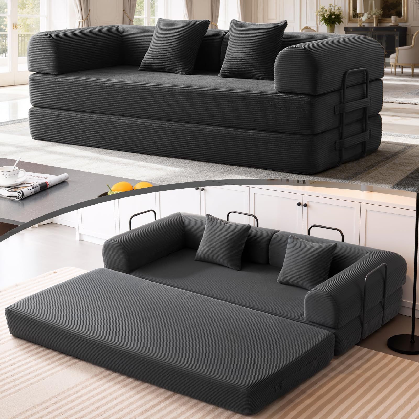 FURRIFIC 5-in-1 Convertible Sofa Bed, Corduroy Modular Sofa with Fixed Shape Frame and Removable Armrests, Foldable Sofa for Small Spaces, No Assembly Required (Black, 200 CM)