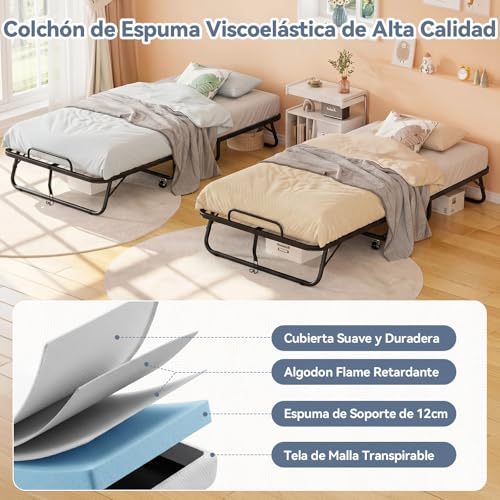 Single Folding Bed with Memory Foam Mattress, Sturdy Steel Frame, Portable Bed for Adults and Children, 360° Swivel Wheels, Saves Space, Ideal for Guest Room