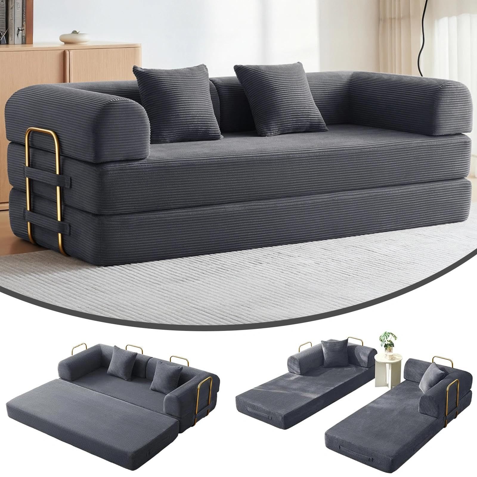 FURRIFIC 5-in-1 Convertible Sofa Bed, Corduroy Modular Sofa with Fixed Shape Frame and Removable Armrests, Folding Sofa for Small Spaces, No Assembly Needed (Dark Grey, 170 CM)
