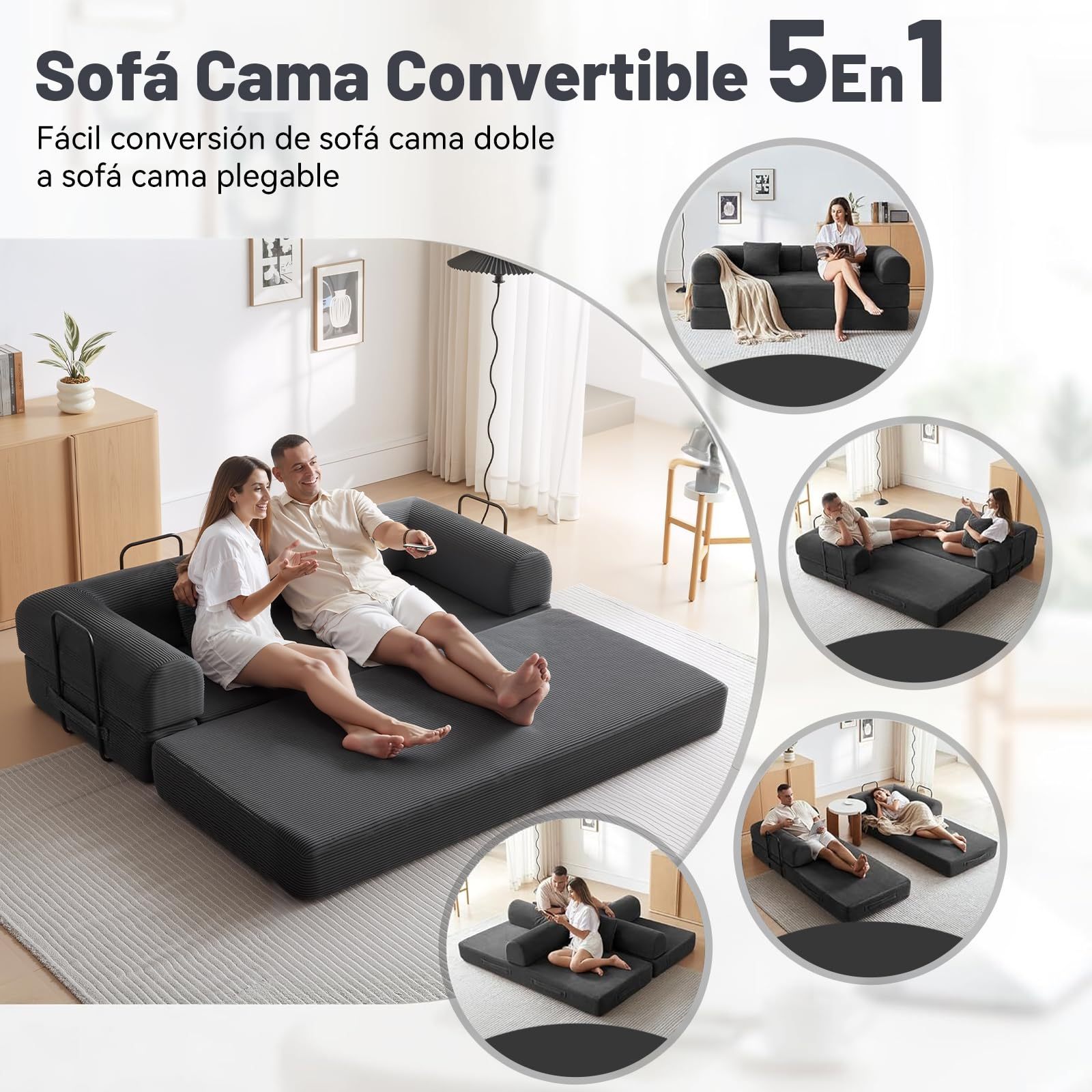 FURRIFIC 5-in-1 Convertible Sofa Bed, Corduroy Modular Sofa with Fixed Shape Frame and Removable Armrests, Foldable Sofa for Small Spaces, No Assembly Required (Black, 200 CM)