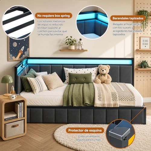 FURRIFIC Corner Single Bed with Drawers, Single Bed Base with RGB LED Light and Charging Station, Upholstered Daybed with Railing, 2 Drawers with Wheels, Metal Frame, Dark Gray