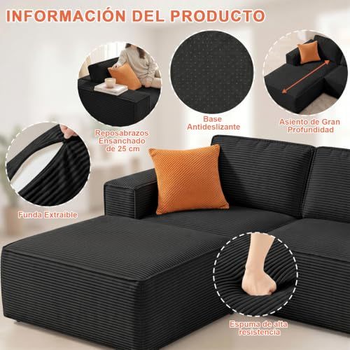 106 Inch Modular Sectional Sofa, Cloud Sofa with Deep Seats, Modern L-Shaped Sofa with Chaise Longue, Upholstered Without Rigid Structure for Living Room and Bedroom (Black, Left Side Chaise)