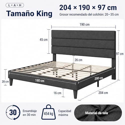 FURRIFIC King Size Bed Base with Dark Gray Upholstered Headboard, Platform King Size Bed Base with Reinforced Support, No Box Spring Required, Anti-Noise, Easy Assembly