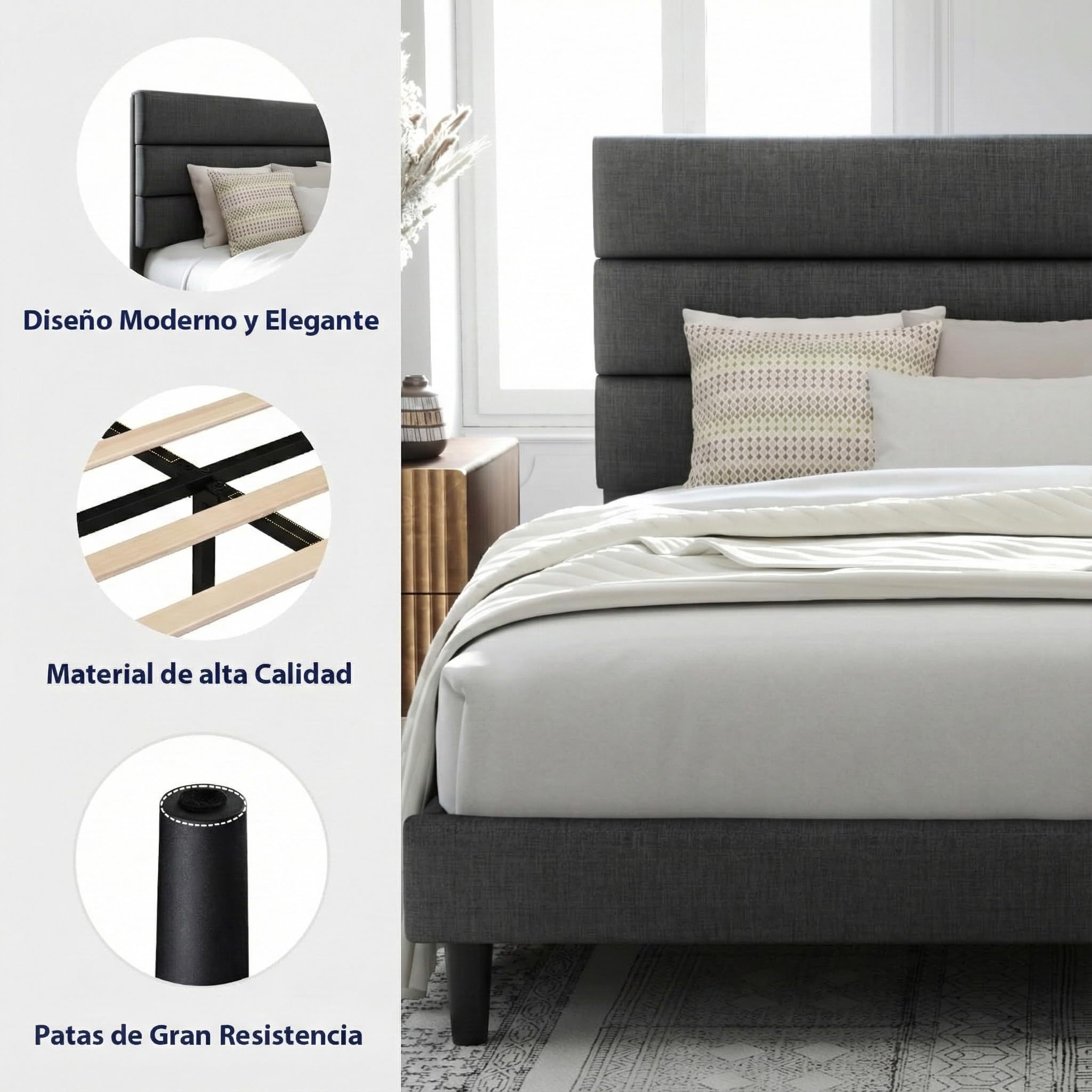 FURRIFIC Double Bed Base with Upholstered Headboard, High Density Metallic and Natural Structure, Firm Support without Box Spring, Modern Bed with Resistant Slats, Charcoal Gray