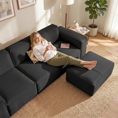 106 Inch Modular Sectional Sofa, Cloud Sofa with Deep Seats, Modern L-Shaped Sofa with Chaise Longue, Upholstered Without Rigid Structure for Living Room and Bedroom (Black, Left Side Chaise)