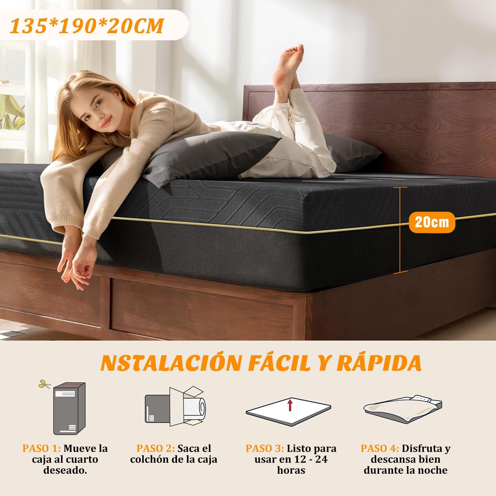 SAFONUS Memory Foam King Size Mattress 20CM, Back Pain Mattress, Cooling Copper Gel Bed in a Box, Therapeutic Medium Firmness, Ergonomic Support, 200x190cm, Black