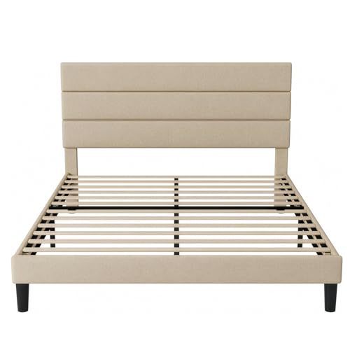 FURRIFIC Double Bed Base with Upholstered Headboard, High Density Metal and Natural Structure, Firm Support without Box Spring, Modern Bed with Resistant Slats, Beige