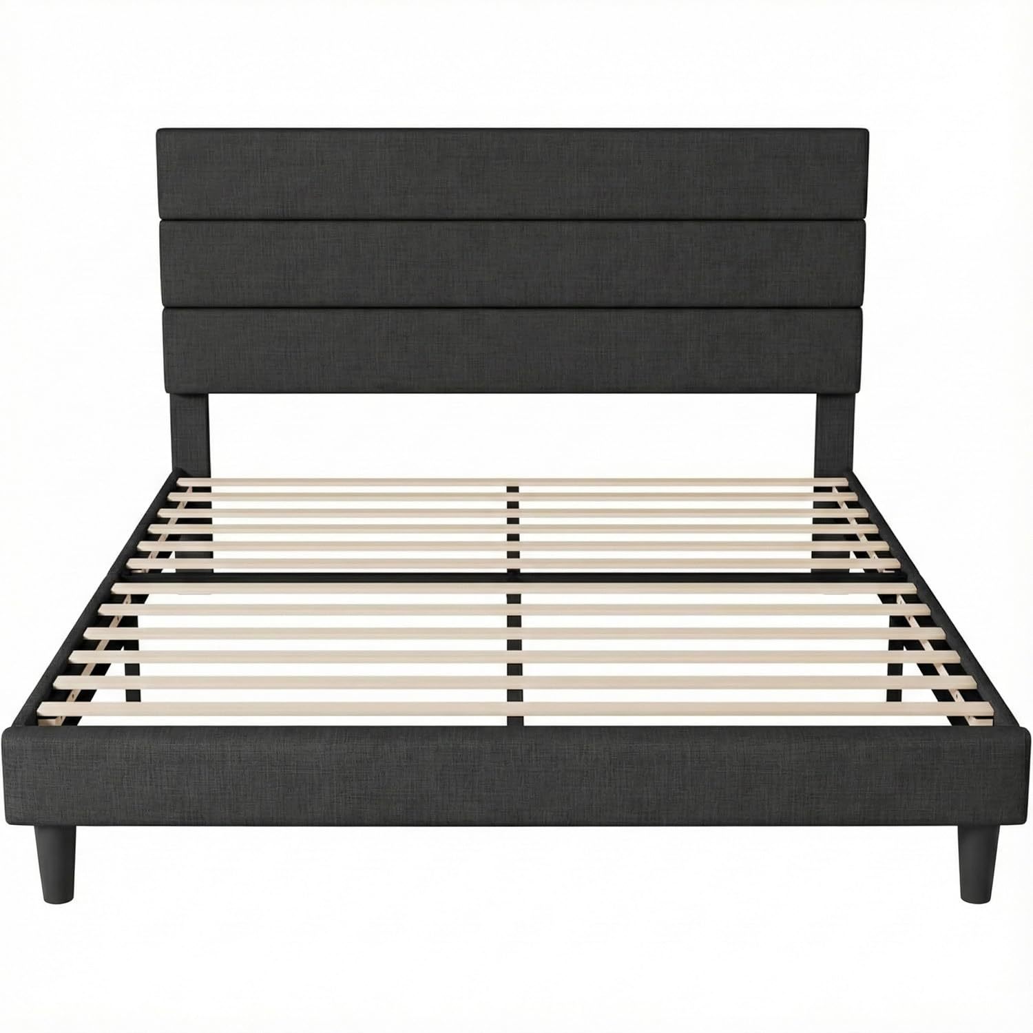 FURRIFIC Double Bed Base with Upholstered Headboard, High Density Metallic and Natural Structure, Firm Support without Box Spring, Modern Bed with Resistant Slats, Charcoal Gray