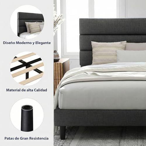 FURRIFIC Double Bed Base with Upholstered Headboard, High Density Metallic and Natural Structure, Firm Support without Box Spring, Modern Bed with Resistant Slats, Charcoal Gray