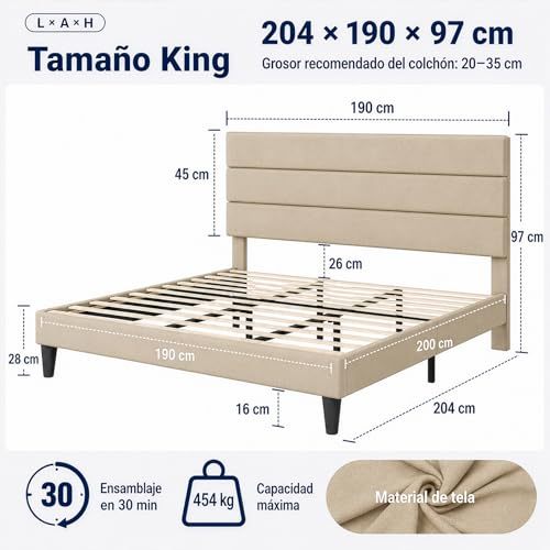 FURRIFIC King Size Bed Base with Dark Gray Upholstered Headboard, Platform King Size Bed Base with Reinforced Support, No Box Spring Required, Anti-Noise, Easy Assembly, Beige
