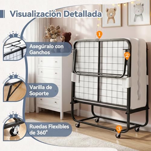 Single Folding Bed with Memory Foam Mattress, Sturdy Steel Frame, Portable Bed for Adults and Children, 360° Swivel Wheels, Saves Space, Ideal for Guest Room