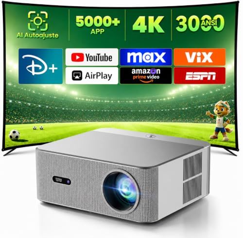 KACOTA 【Auto-adjustment/3000ANSI】 P7 Pro 4K Projector, Android System, 2+32GB Memory, Gamer/Home Theater Projector (Latency <18 ms), 300 Inch, WiFi 6, RJ45, Bluetooth 5.2, Compatible with iOS/Android/PC/PS5