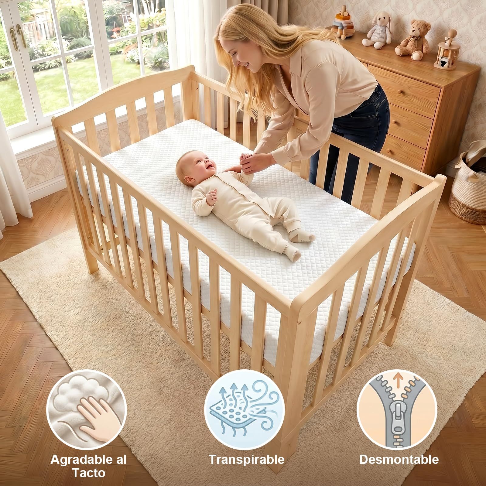 Baby Crib Mattress, 15cm High Density Sponge Foam Boxed Mattress, Medium Firmness, Waterproof and Breathable, Machine Washable Cover, 120 * 60CM