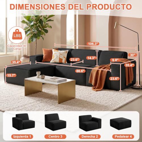 106 Inch Modular Sectional Sofa, Cloud Sofa with Deep Seats, Modern L-Shaped Sofa with Chaise Longue, Upholstered Without Rigid Structure for Living Room and Bedroom (Black, Left Side Chaise)