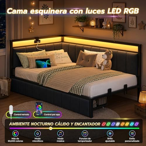 FURRIFIC Corner Single Bed with Drawers, Single Bed Base with RGB LED Light and Charging Station, Upholstered Daybed with Railing, 2 Drawers with Wheels, Metal Frame, Dark Gray