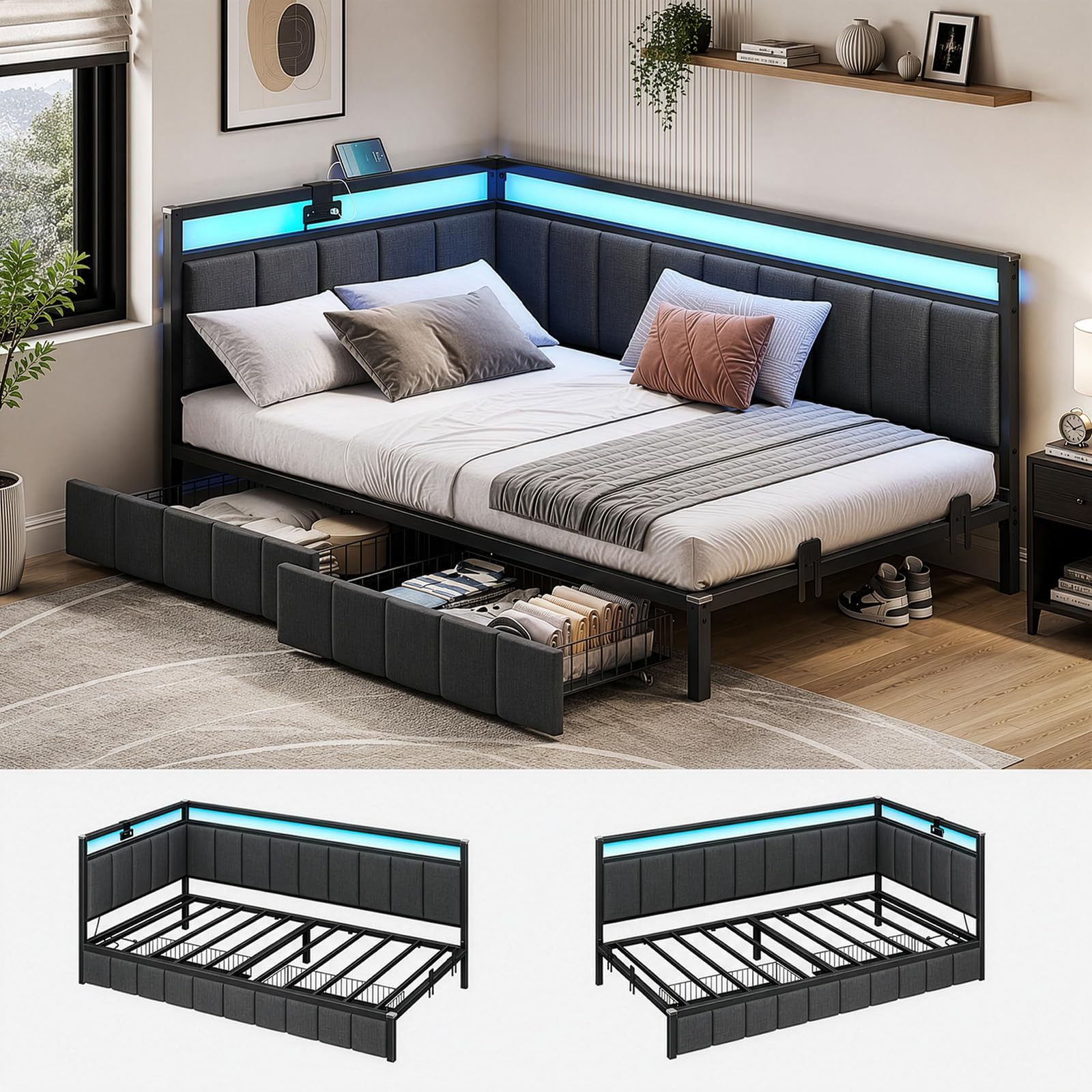FURRIFIC Corner Single Bed with Drawers, Single Bed Base with RGB LED Light and Charging Station, Upholstered Daybed with Railing, 2 Drawers with Wheels, Metal Frame, Dark Gray