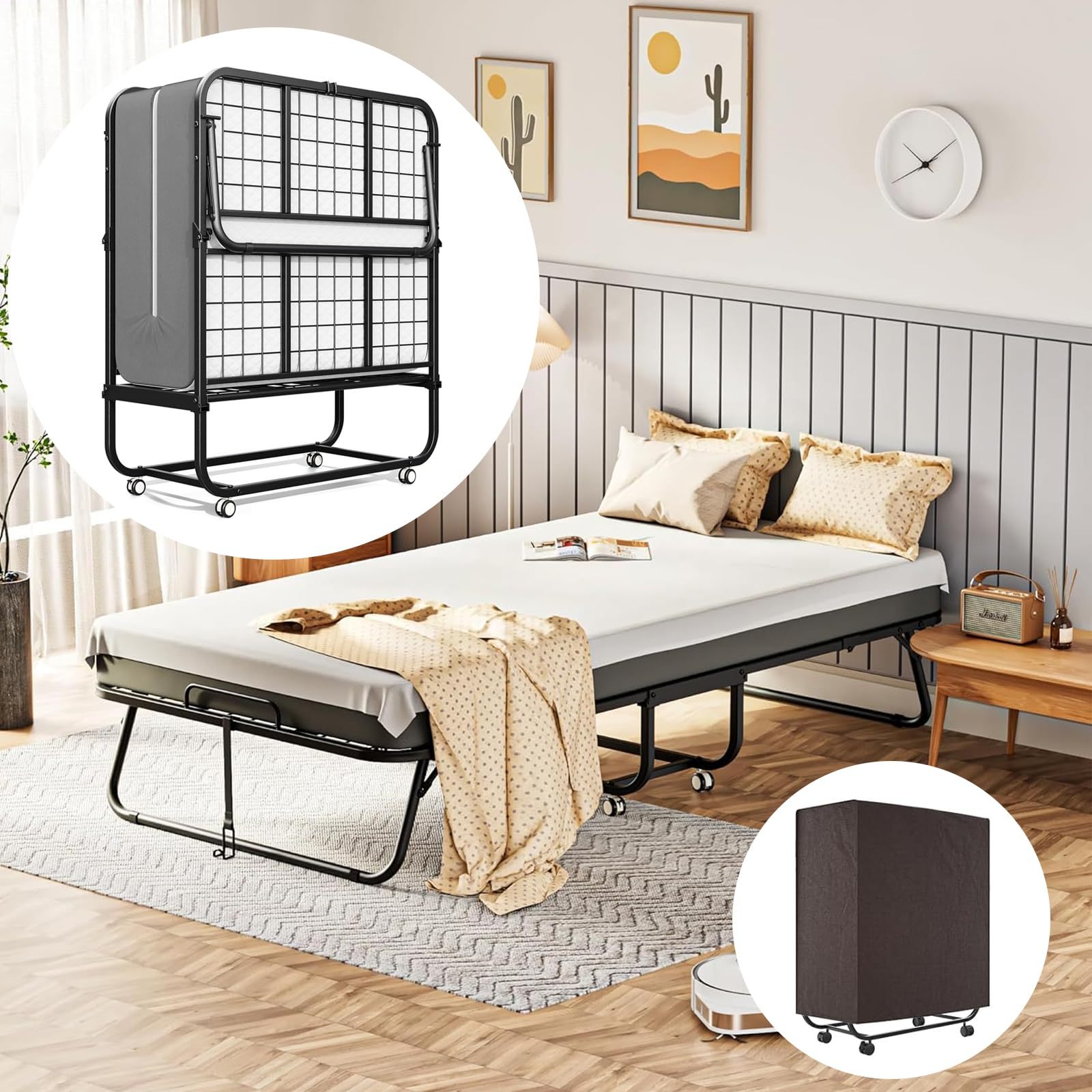 Single Folding Bed with Memory Foam Mattress, Sturdy Steel Frame, Portable Bed for Adults and Children, 360° Swivel Wheels, Saves Space, Ideal for Guest Room