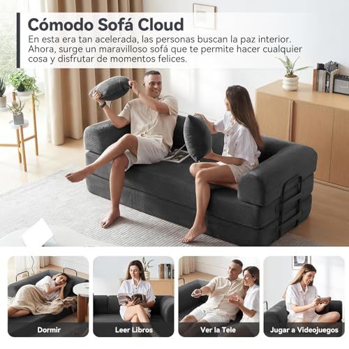 FURRIFIC 5-in-1 Convertible Sofa Bed, Corduroy Modular Sofa with Fixed Shape Frame and Removable Armrests, Foldable Sofa for Small Spaces, No Assembly Required (Black, 200 CM)