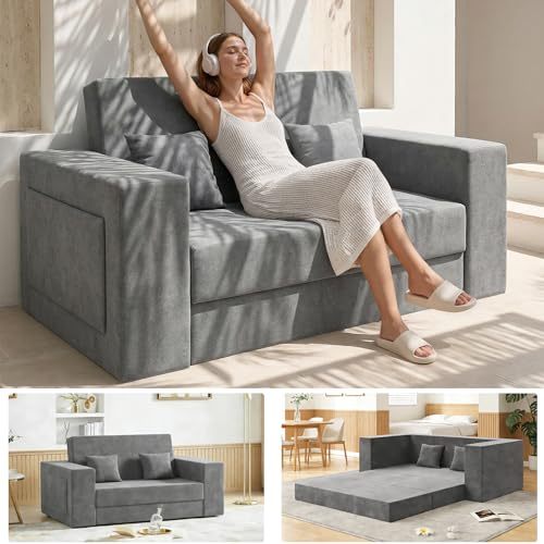 FURRIFIC Double Sofa Bed 2 in 1 with 2 Pillows, Armchair and Convertible, Single Sofa Bed, Machine Washable, No Assembly Needed Ergonomic Support and Softness Home, Living Room, Bedroom (Grey)
