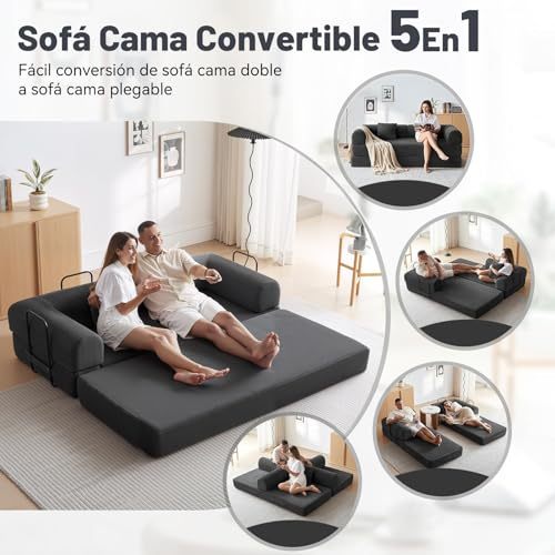 FURRIFIC 5-in-1 Convertible Sofa Bed, Corduroy Modular Sofa with Fixed Shape Frame and Removable Armrests, Foldable Sofa for Small Spaces, No Assembly Required (Black, 200 CM)