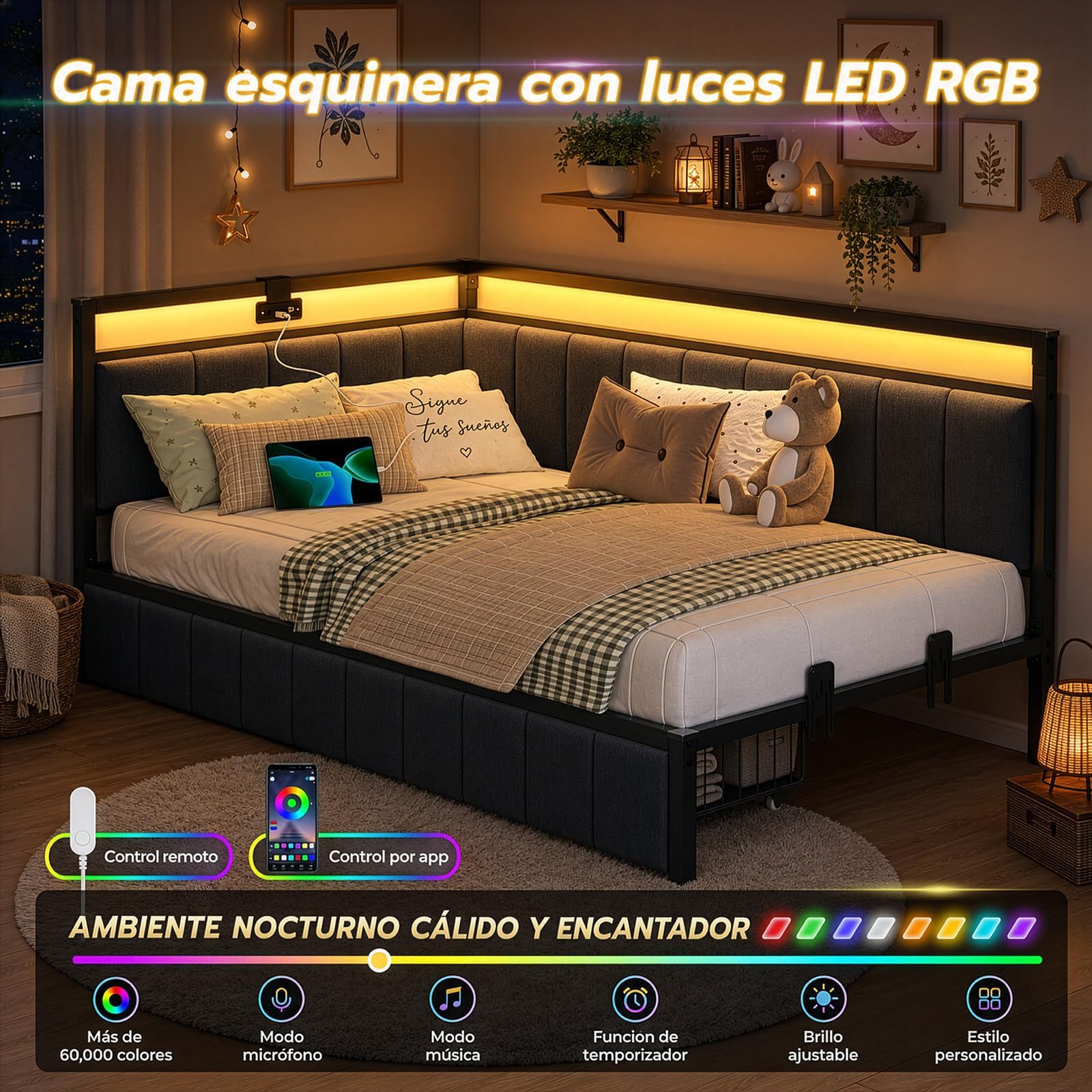 FURRIFIC Corner Single Bed with Drawers, Single Bed Base with RGB LED Light and Charging Station, Upholstered Daybed with Railing, 2 Drawers with Wheels, Metal Frame, Dark Gray