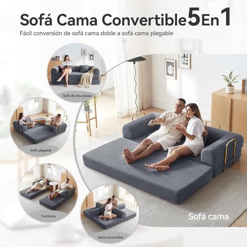 FURRIFIC 5-in-1 Convertible Sofa Bed, Corduroy Modular Sofa with Fixed Shape Frame and Removable Armrests, Folding Sofa for Small Spaces, No Assembly Needed (Dark Grey, 170 CM)