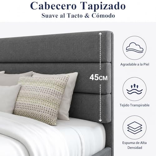 FURRIFIC King Size Bed Base with Dark Gray Upholstered Headboard, Platform King Size Bed Base with Reinforced Support, No Box Spring Required, Anti-Noise, Easy Assembly