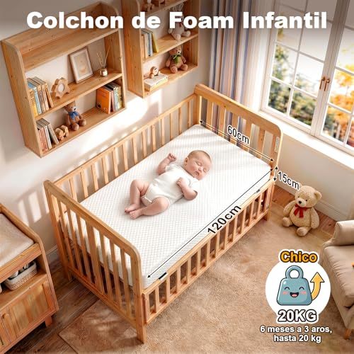 Baby Crib Mattress, 15cm High Density Sponge Foam Boxed Mattress, Medium Firmness, Waterproof and Breathable, Machine Washable Cover, 120 * 60CM