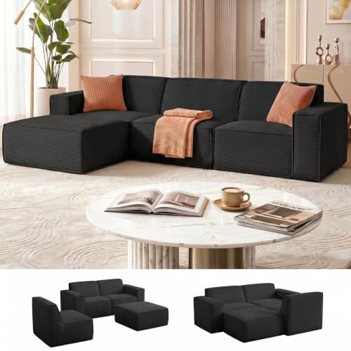 106 Inch Modular Sectional Sofa, Cloud Sofa with Deep Seats, Modern L-Shaped Sofa with Chaise Longue, Upholstered Without Rigid Structure for Living Room and Bedroom (Black, Left Side Chaise)