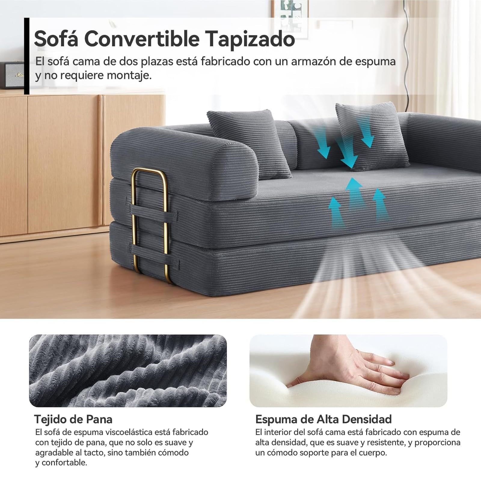 FURRIFIC 5-in-1 Convertible Sofa Bed, Corduroy Modular Sofa with Fixed Shape Frame and Removable Armrests, Folding Sofa for Small Spaces, No Assembly Needed (Dark Grey, 170 CM)