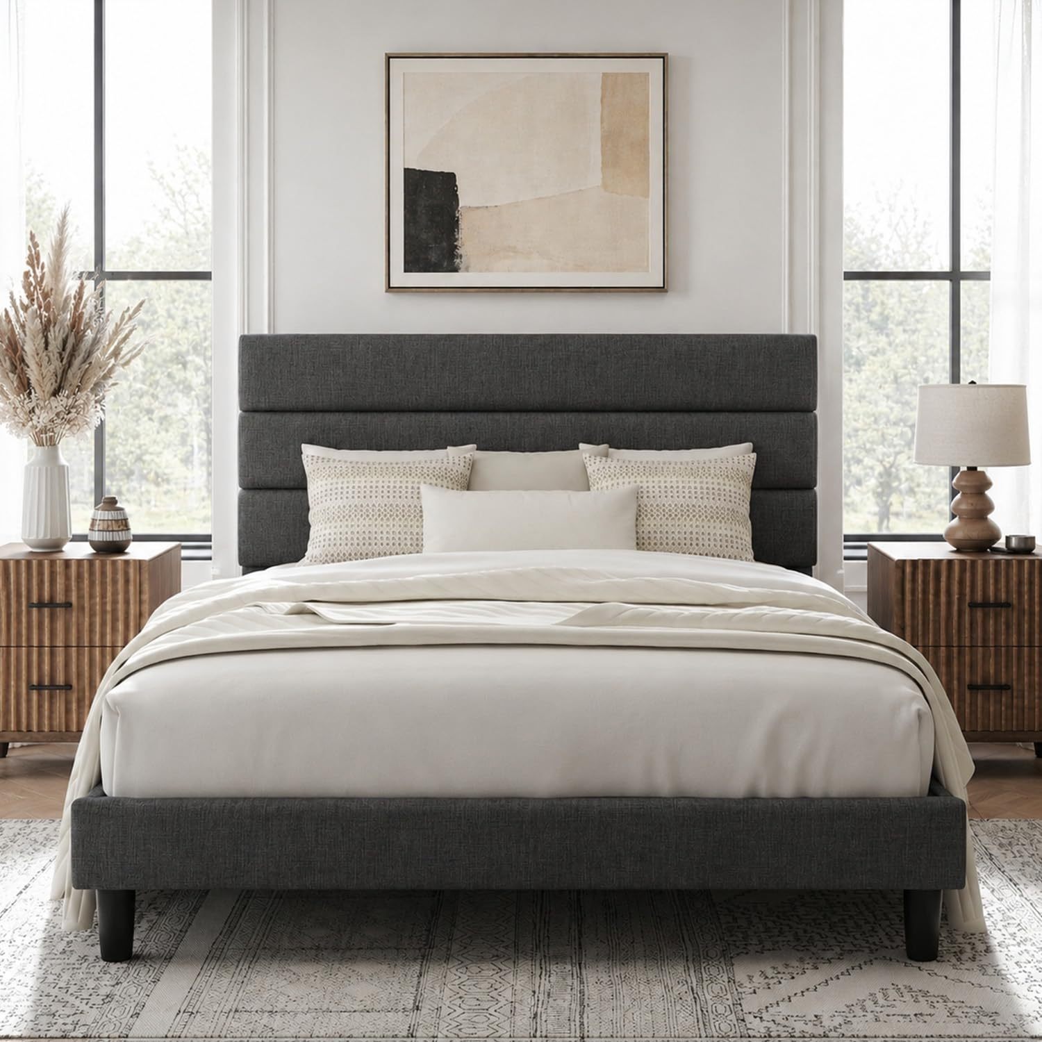 FURRIFIC King Size Bed Base with Dark Gray Upholstered Headboard, Platform King Size Bed Base with Reinforced Support, No Box Spring Required, Anti-Noise, Easy Assembly