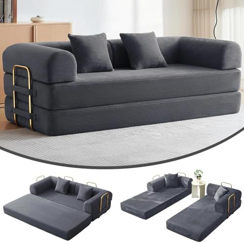FURRIFIC 5-in-1 Convertible Sofa Bed, Corduroy Modular Sofa with Fixed Shape Frame and Removable Armrests, Folding Sofa for Small Spaces, No Assembly Needed (Dark Grey, 170 CM)
