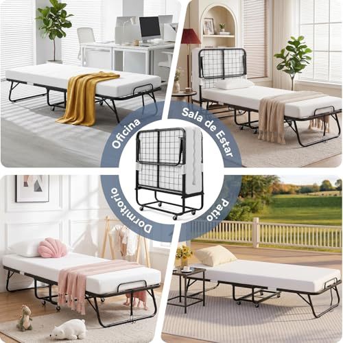 Single Folding Bed with Memory Foam Mattress, Sturdy Steel Frame, Portable Bed for Adults and Children, 360° Swivel Wheels, Saves Space, Ideal for Guest Room