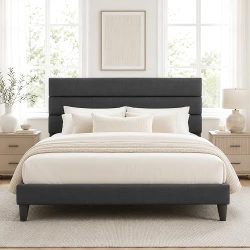 FURRIFIC King Size Bed Base with Dark Gray Upholstered Headboard, Platform King Size Bed Base with Reinforced Support, No Box Spring Required, Anti-Noise, Easy Assembly