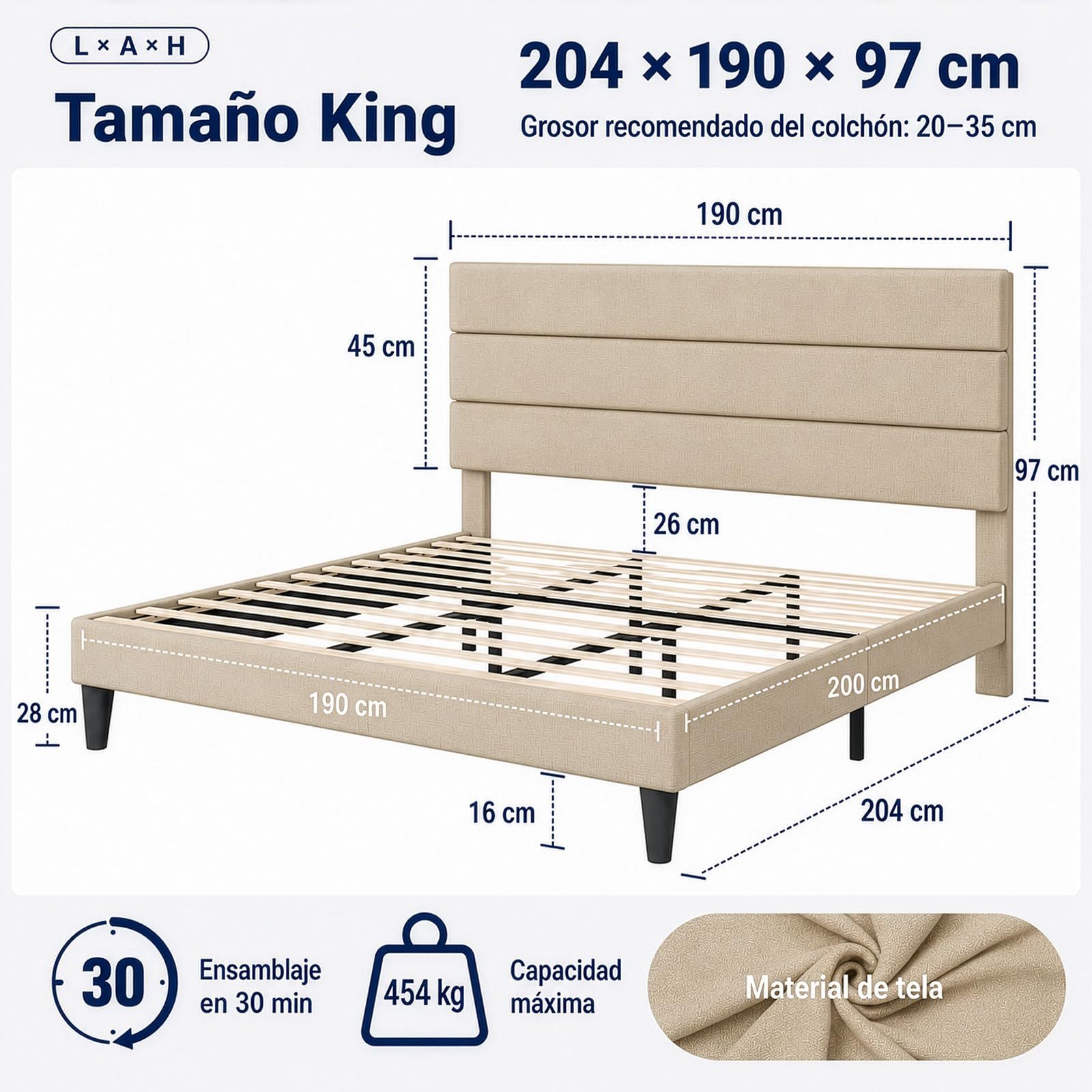 FURRIFIC King Size Bed Base with Dark Gray Upholstered Headboard, Platform King Size Bed Base with Reinforced Support, No Box Spring Required, Anti-Noise, Easy Assembly, Beige