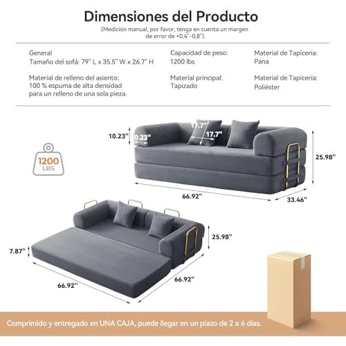 FURRIFIC 5-in-1 Convertible Sofa Bed, Corduroy Modular Sofa with Fixed Shape Frame and Removable Armrests, Folding Sofa for Small Spaces, No Assembly Needed (Dark Grey, 170 CM)