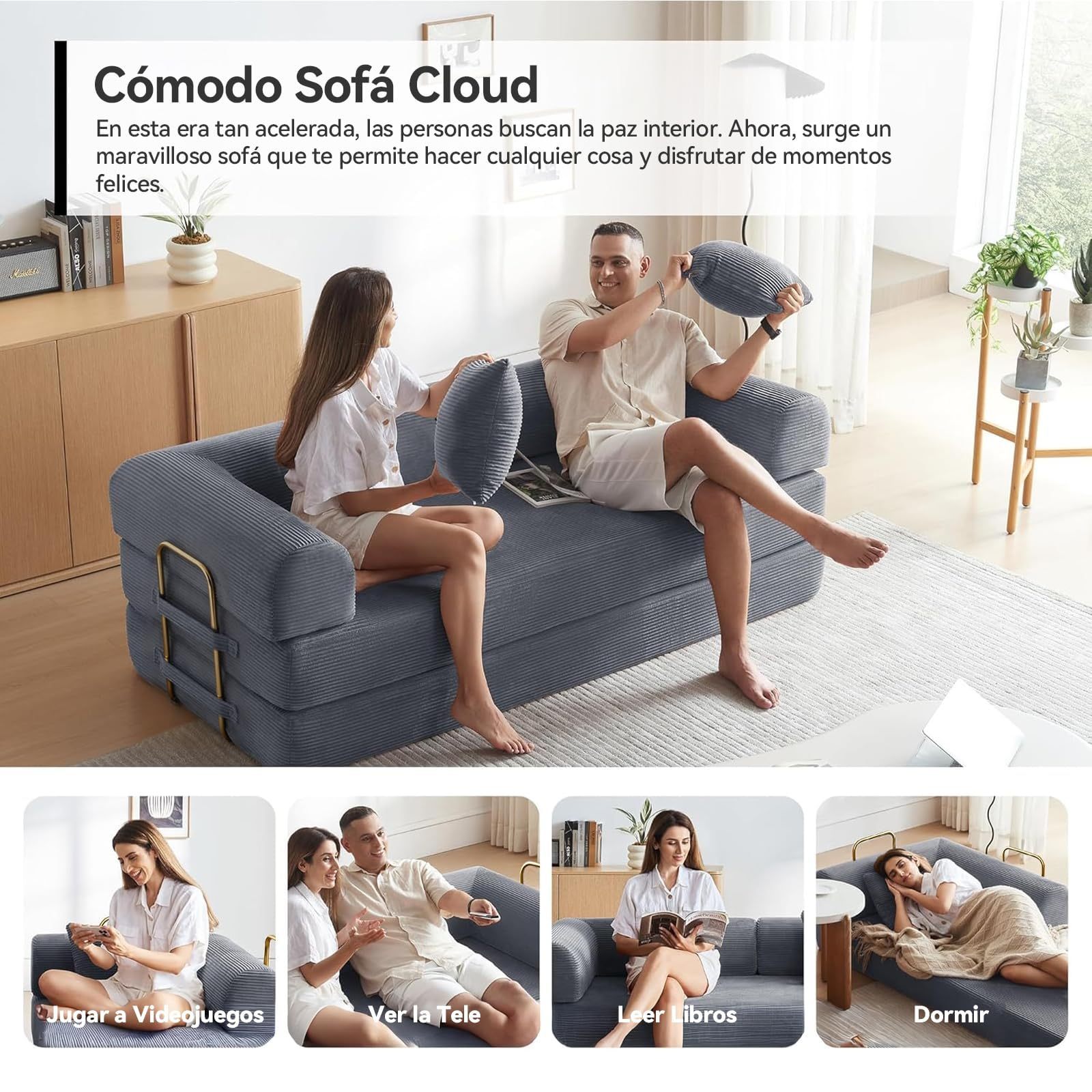 FURRIFIC 5-in-1 Convertible Sofa Bed, Corduroy Modular Sofa with Fixed Shape Frame and Removable Armrests, Folding Sofa for Small Spaces, No Assembly Needed (Dark Grey, 170 CM)